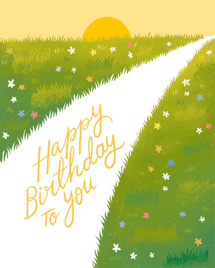 Illustrated sunny landscape with winding path, green hills, wildflowers, and “Happy Birthday to you” text