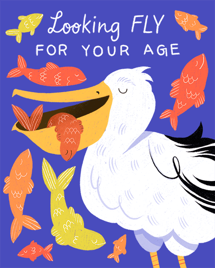 Blue greeting design with white pelican and colorful fish, text reading “Looking FLY For Your Age.”
