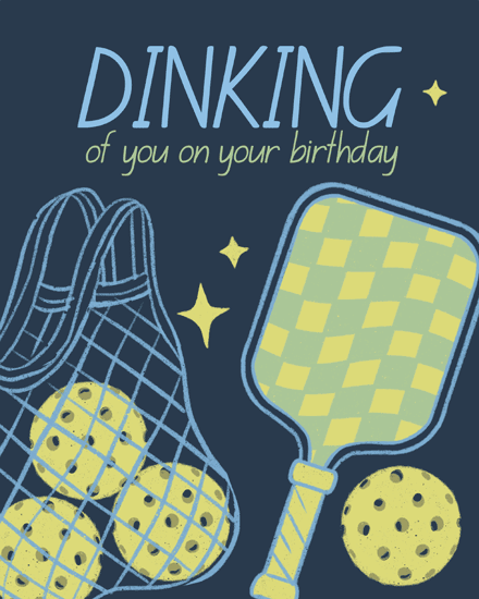 Navy greeting design with pickleball paddle, balls in mesh bag, stars, and “DINKING” text