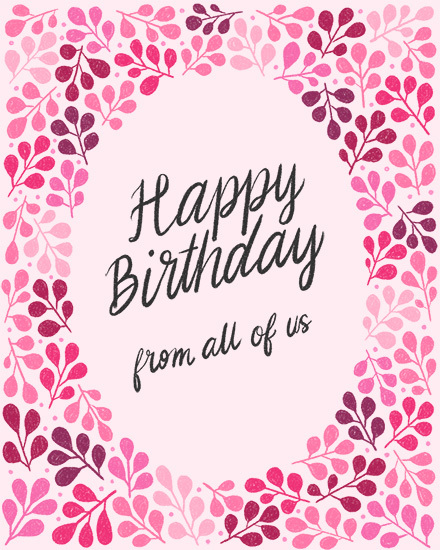 Hand-lettered Happy Birthday message framed by pink and purple leafy wreath on blush background