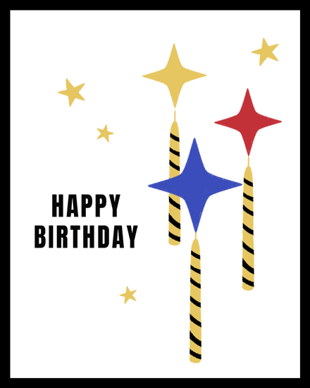 Minimal white design with bold Happy Birthday text and colorful star-shaped candles and sparkles