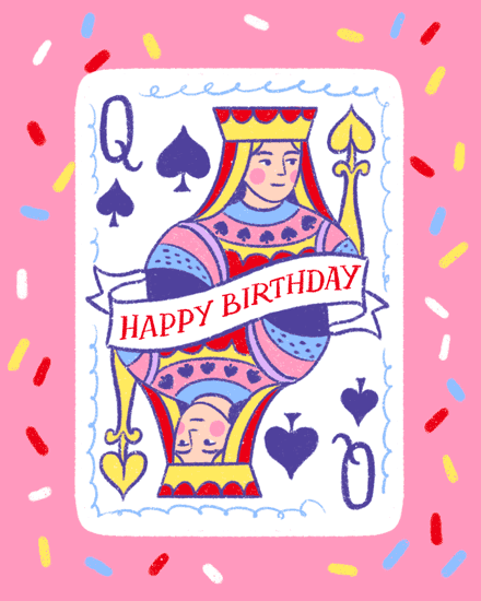 Illustrated queen of spades playing card with Happy Birthday banner on pink confetti background