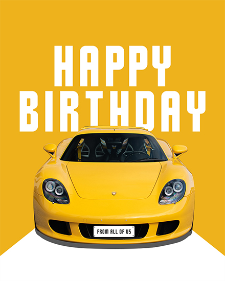 race car sports racing birthday card yellow orange corporate professional