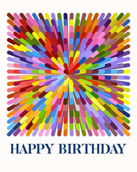 Multicolored radial brushstroke burst above bold navy HAPPY BIRTHDAY text on white