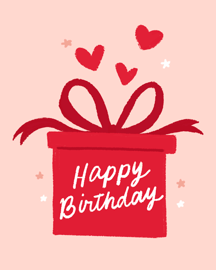 Red present with ribbon and hearts above, Happy Birthday text on blush background