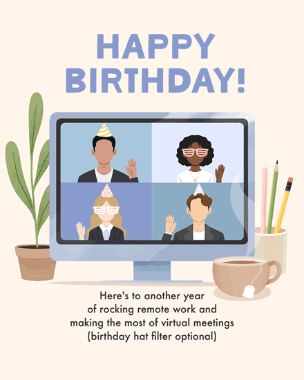 birthday remote work zoom colleague coworker tea pencil pen plant party hat poc