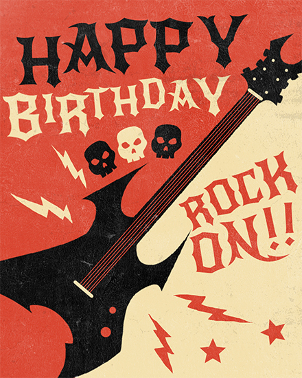 rock on guitar birthday card skull electric thunder spark star band instrument