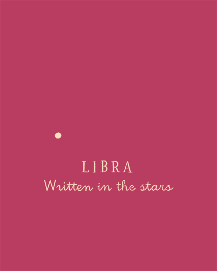 Minimalist berry background with Libra text and “Written in the stars” in cream lettering