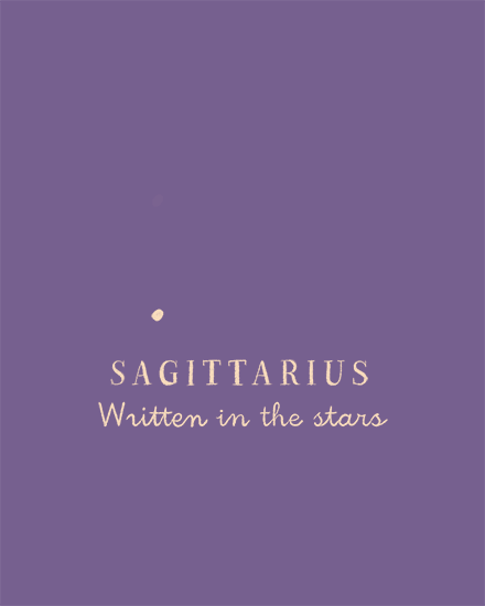 Purple minimalist design with cream text reading “Sagittarius” and “Written in the stars.”