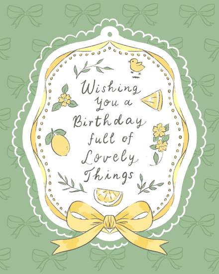 Sage green bow-pattern background with scalloped label, lemons, flowers, ribbon, and handwritten birthday message