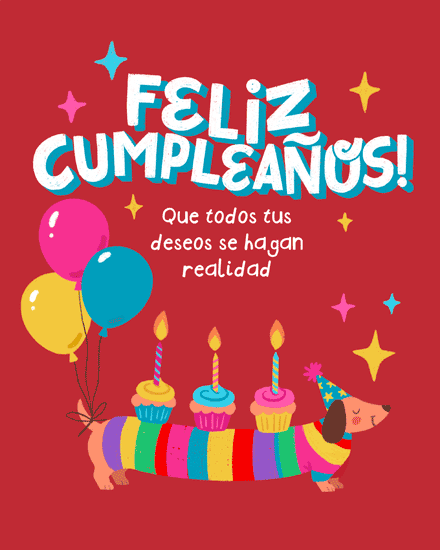 Spanish Feliz Cumpleaños design with rainbow dachshund, cupcakes candles, balloons, and confetti on red