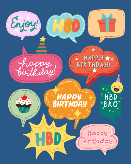 Colorful speech bubbles with HBD and Happy Birthday, plus gift, cupcake, and party hat
