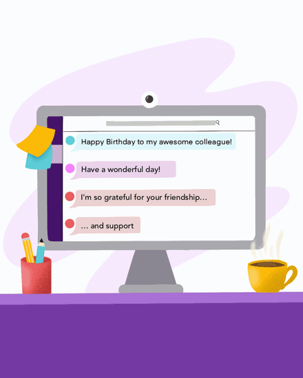 birthday team conversation computer colleague coworker desktop coffee sticky notes pencil chat message