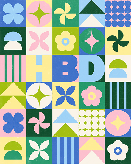 Colorful grid with geometric flowers, patterns, and large HBD letters in blue and pink