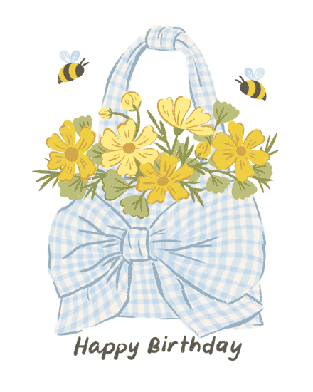 Blue gingham handbag with big bow, yellow flowers, two bees, and Happy Birthday text