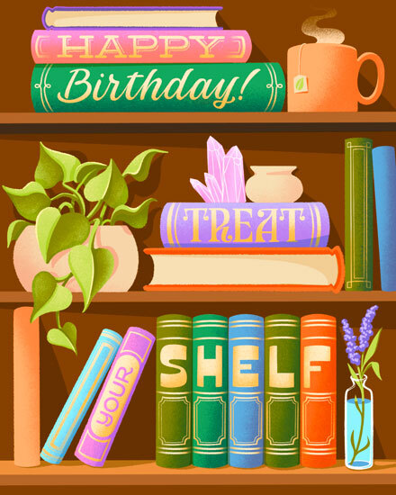 Colorful bookshelf with books reading “HAPPY Birthday!”, steaming mug, plant, and flowers