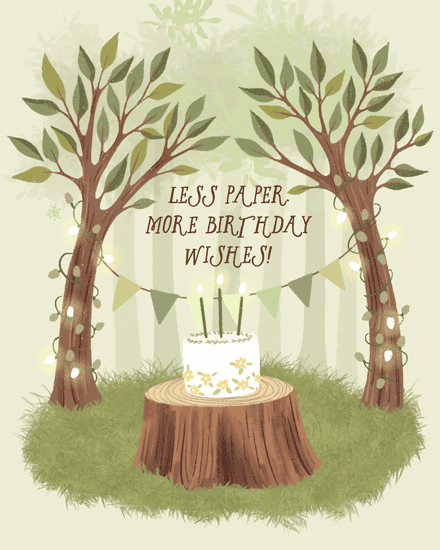 Woodland illustration with two lit trees, bunting, stump cake, and text Less Paper More Birthday Wishes