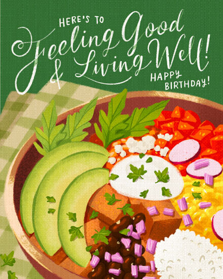 Illustrated breakfast bowl with avocado and veggies, green background, “Feeling Good & Living Well” text
