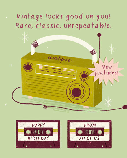 Retro radio illustration with vintage message and two cassette tapes reading Happy Birthday and From All Of Us