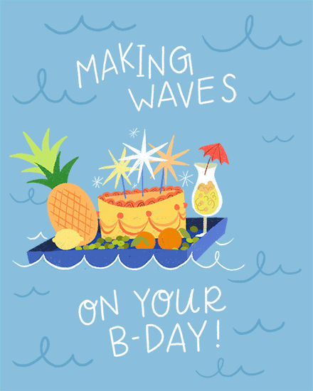 Blue ocean-themed design with boat carrying cake, pineapple, fruit, and tropical drink