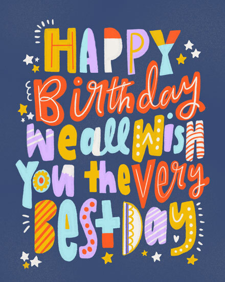 Colorful hand-lettered Happy Birthday message with patterned letters and stars on navy background