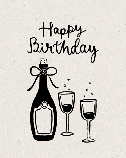 Hand-drawn Happy Birthday text with champagne bottle and two bubbling glasses on speckled background
