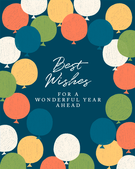 Teal background with colorful balloon border and “Best Wishes” message in white lettering