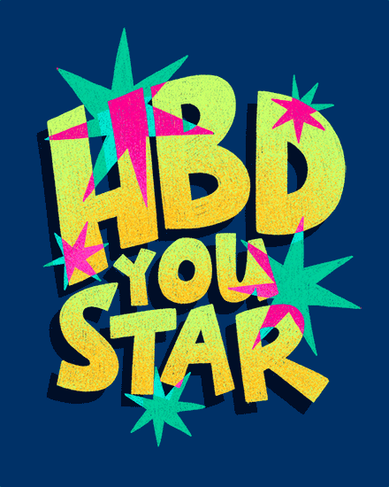 Colorful "HBD YOU STAR" text with teal and pink starbursts on navy background