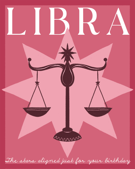 Pink Libra design with balance scales silhouette, starburst backdrop, and birthday message