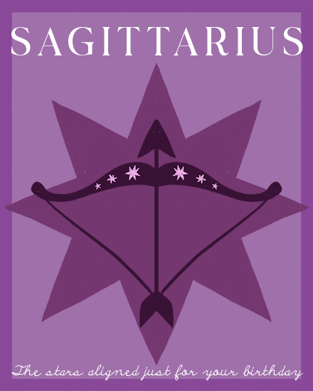 Purple Sagittarius design with bow and arrow, starburst background, and “SAGITTARIUS” text