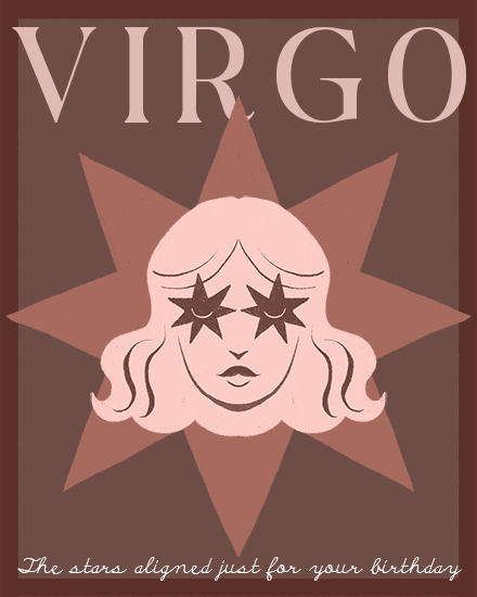 Virgo text above illustrated face with star eyes on starburst, blush and brown palette