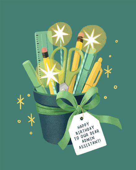 Teal illustration of stationery cup with ribbon and tag for admin assistant birthday