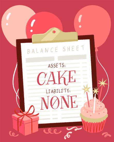 Pink birthday design with clipboard balance sheet, balloons, gift, and cupcake with sparkler