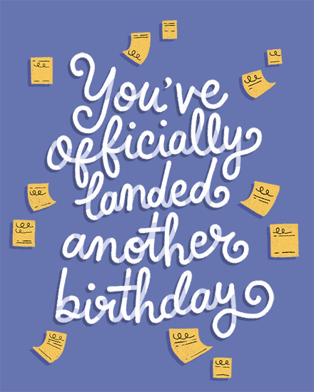 Blue background with white script and yellow ticket doodles reading You’ve officially landed another birthday