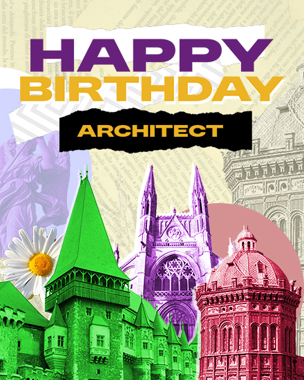 Colorful buildings and text 'Happy Birthday Architect' in a vibrant design.