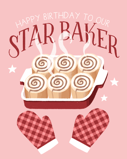 Pink Star Baker birthday design with steaming cinnamon rolls tray and red gingham oven mitts