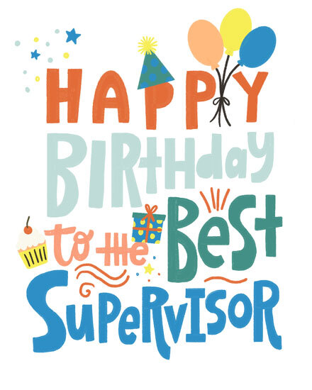 Colorful hand-lettered message with balloons, party hat, cupcake, gift, and confetti accents