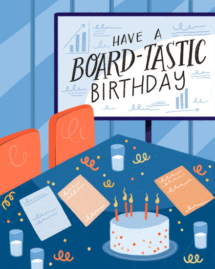 Boardroom table with cake and candles under “Have a Board-tastic Birthday” sign