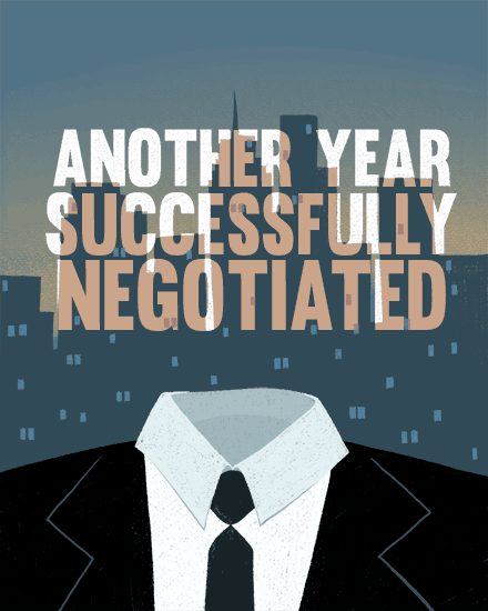 Minimal suit and tie illustration with city skyline and bold text “Another Year Successfully Negotiated”