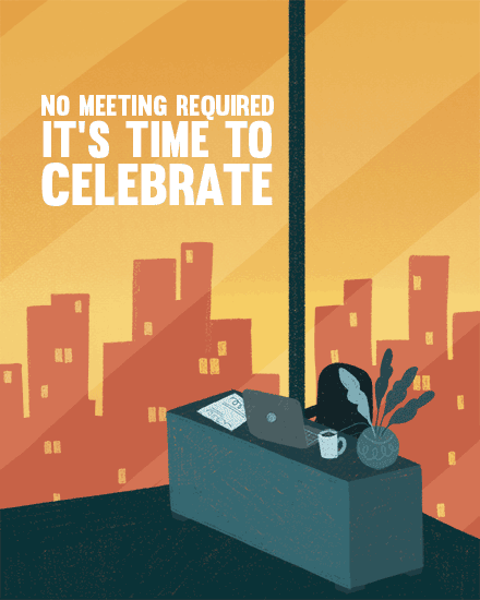 Office desk by window with city skyline and bold text about celebrating
