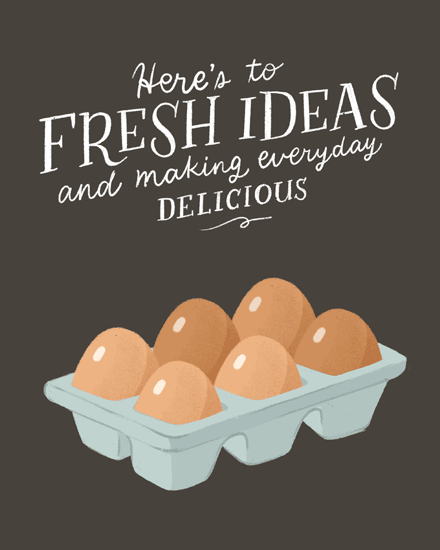 Hand-lettered “Fresh Ideas” message above illustrated egg carton on dark background