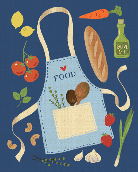 Blue apron labeled FOOD with heart, surrounded by bread, olive oil, vegetables, herbs on navy