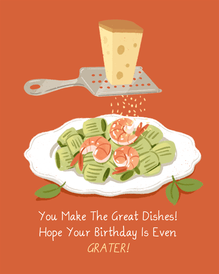Illustrated pasta and shrimp with cheese grater, pun text on terracotta background