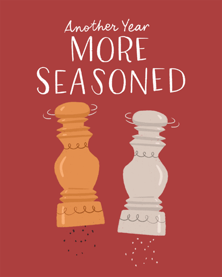 Red birthday greeting with salt and pepper shakers and text “Another Year More Seasoned”.