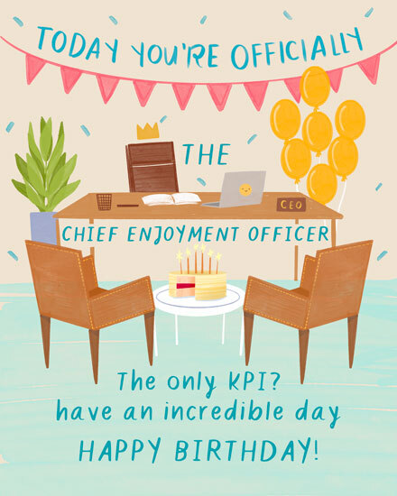 Office scene with desk, balloons, bunting, cake, and Chief Enjoyment Officer birthday message