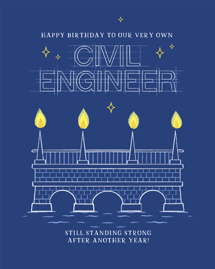 Blueprint-style civil engineer birthday design with bridge candles, white drafting text, and blue background