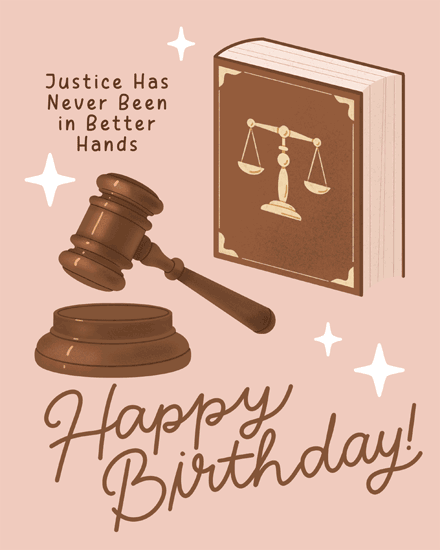 Greeting card with gavel, law book, scales, and birthday message.