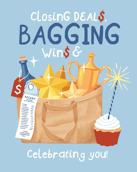 Blue birthday design with shopping bag, stars, trophy, receipt, cupcake, and celebratory sales text
