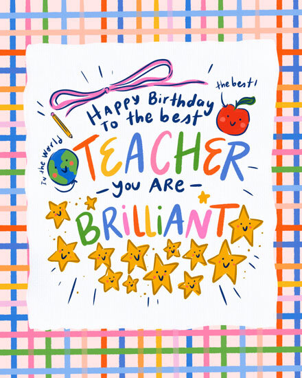 Colorful teacher birthday design with rainbow lettering, smiling stars, apple, globe, pencil, and plaid border