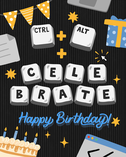 Keyboard keycaps spell CTRL + ALT + CELEBRATE with blue Happy Birthday on dark background